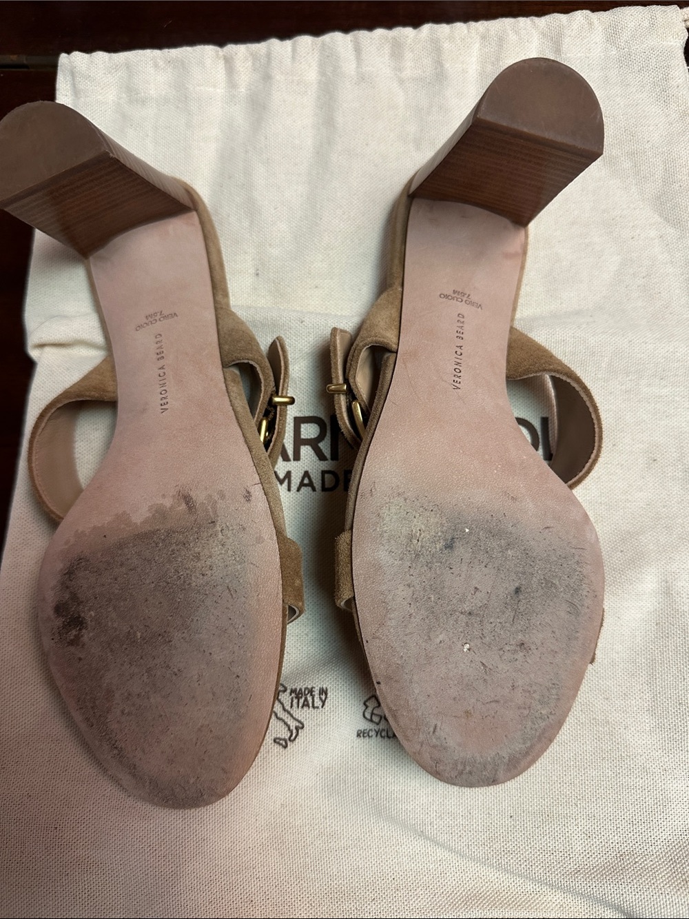 Veronica Beard Tan Suede Mule Sandals with Gold Buckle - Picture 3 of 8
